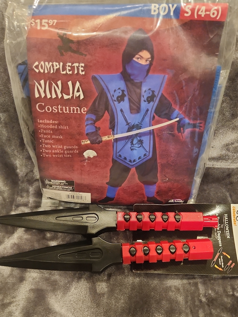 Blue Ninja Kids Costume - Complete Outfit with Hood and Mask / Daggers